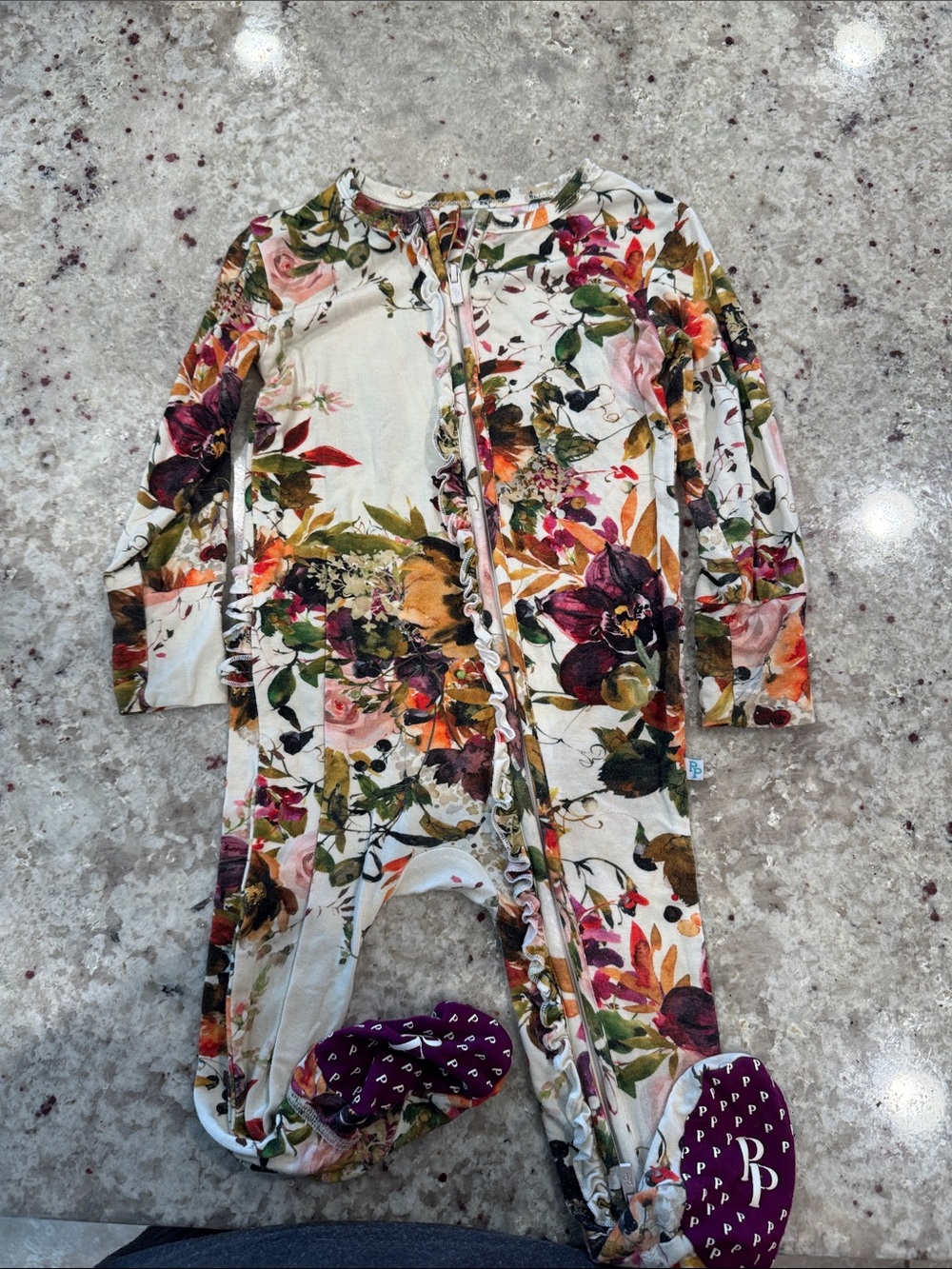 Posh Peanut Cream Floral Zip Romper with Multicolor Blooms